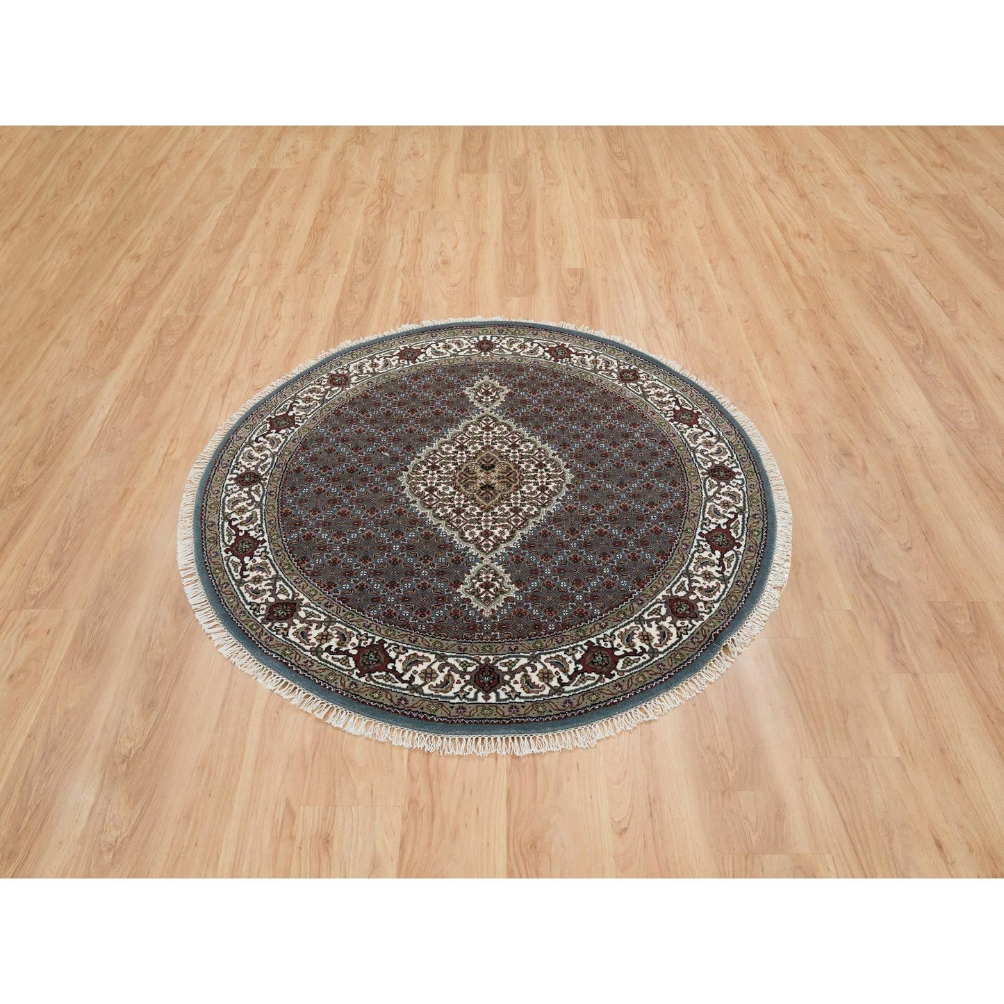 5'X5' Gray Wool And Silk Hand Knotted Tebraz Mahi Round Oriental Rug