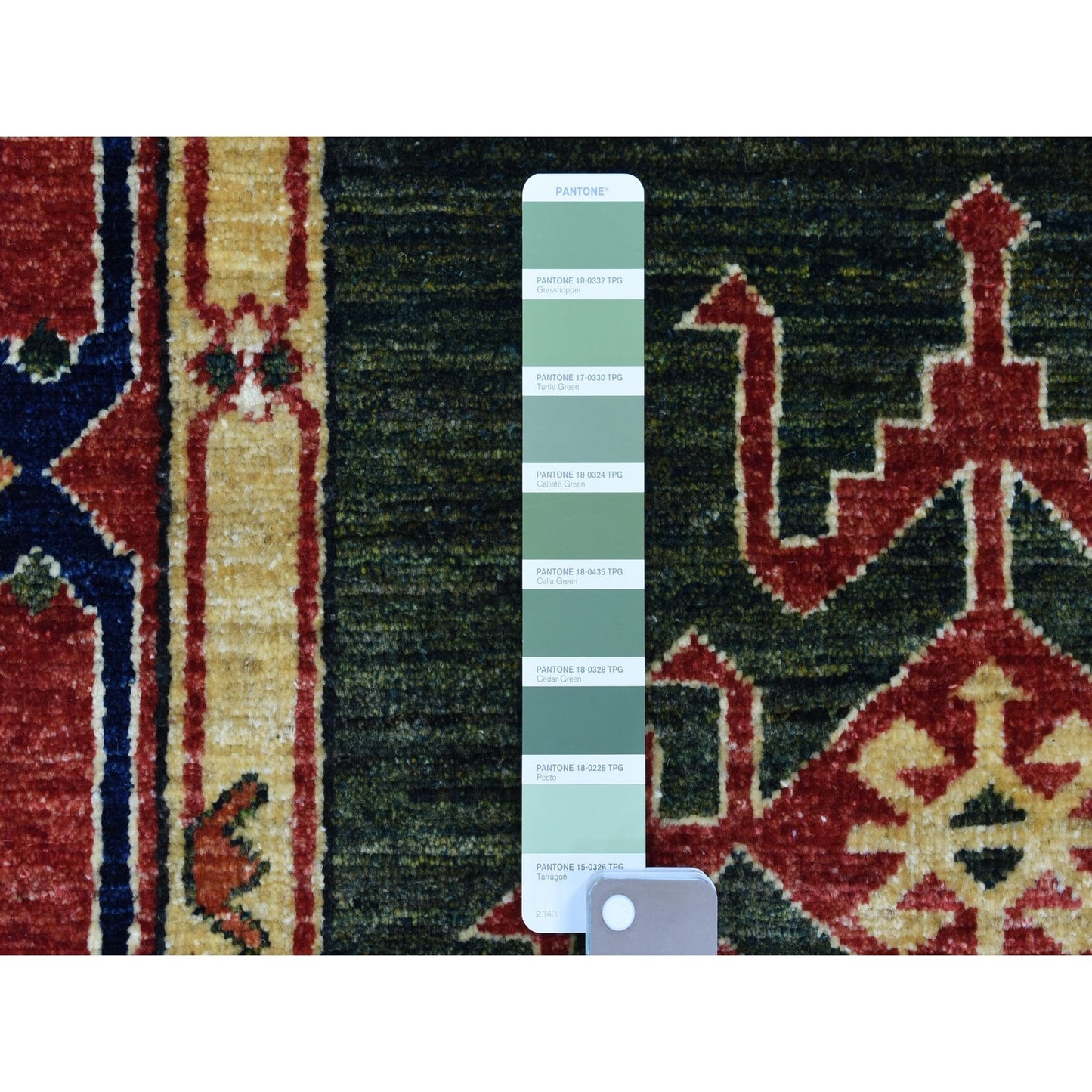 4'X9'8" Green Afghan Turkoman Geometric Wool Hand Knotted Runner Rug