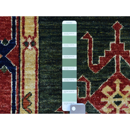 4'X9'8" Green Afghan Turkoman Geometric Wool Hand Knotted Runner Rug