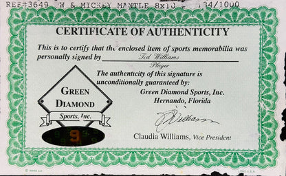 Ted Williams With Mickey Mantle Signed 8X10 Baseball Photo 184/1000 (Green Diamo