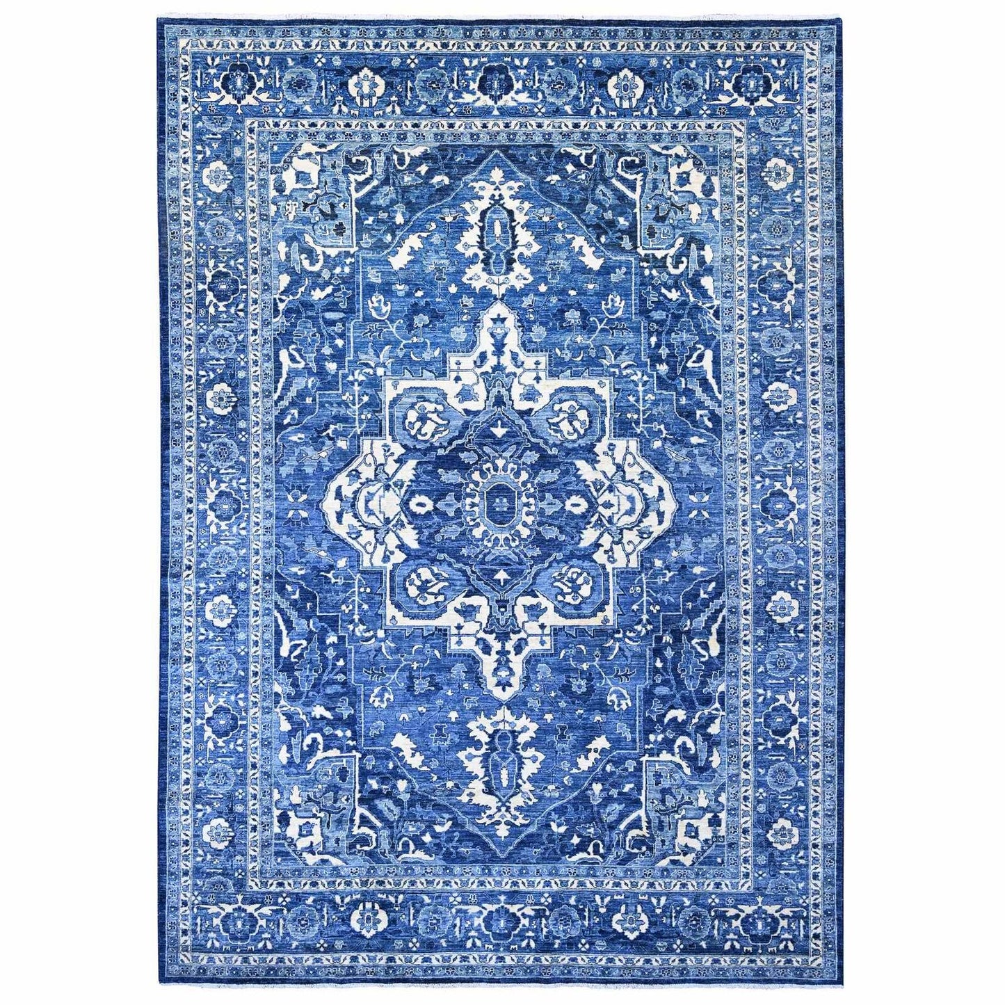 10'X13'10" Denim Blue Seeripe Heris Revival Ghazni Wool Hand Knotted Rug
