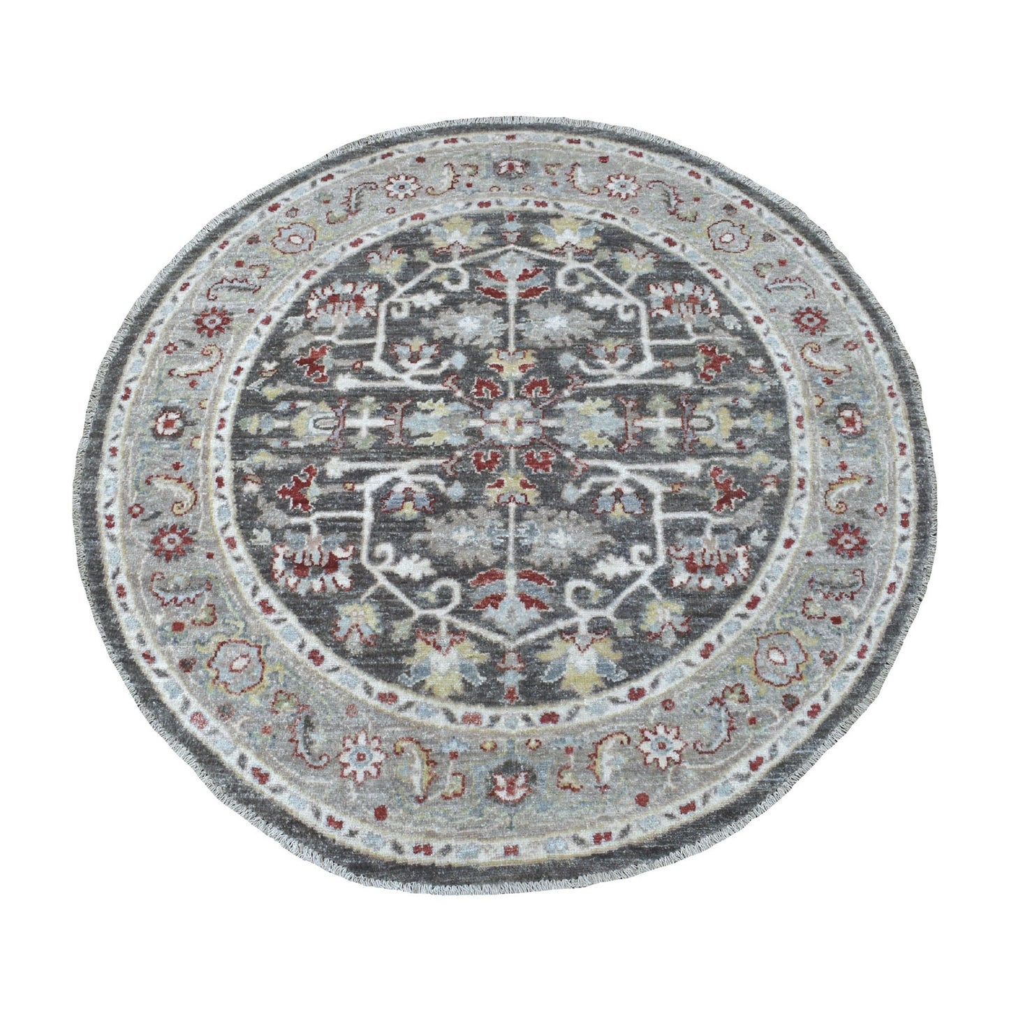 4'X4' Gray Peshawar With Heriz Design Shiny Wool Round Hand Knotted Rug