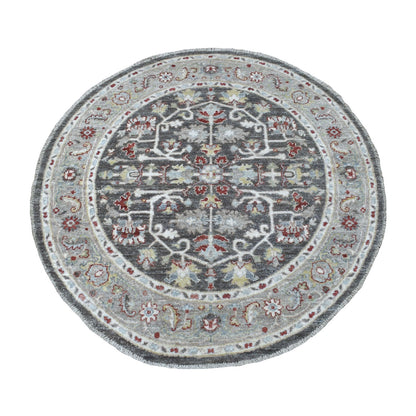 4'X4' Gray Peshawar With Heriz Design Shiny Wool Round Hand Knotted Rug