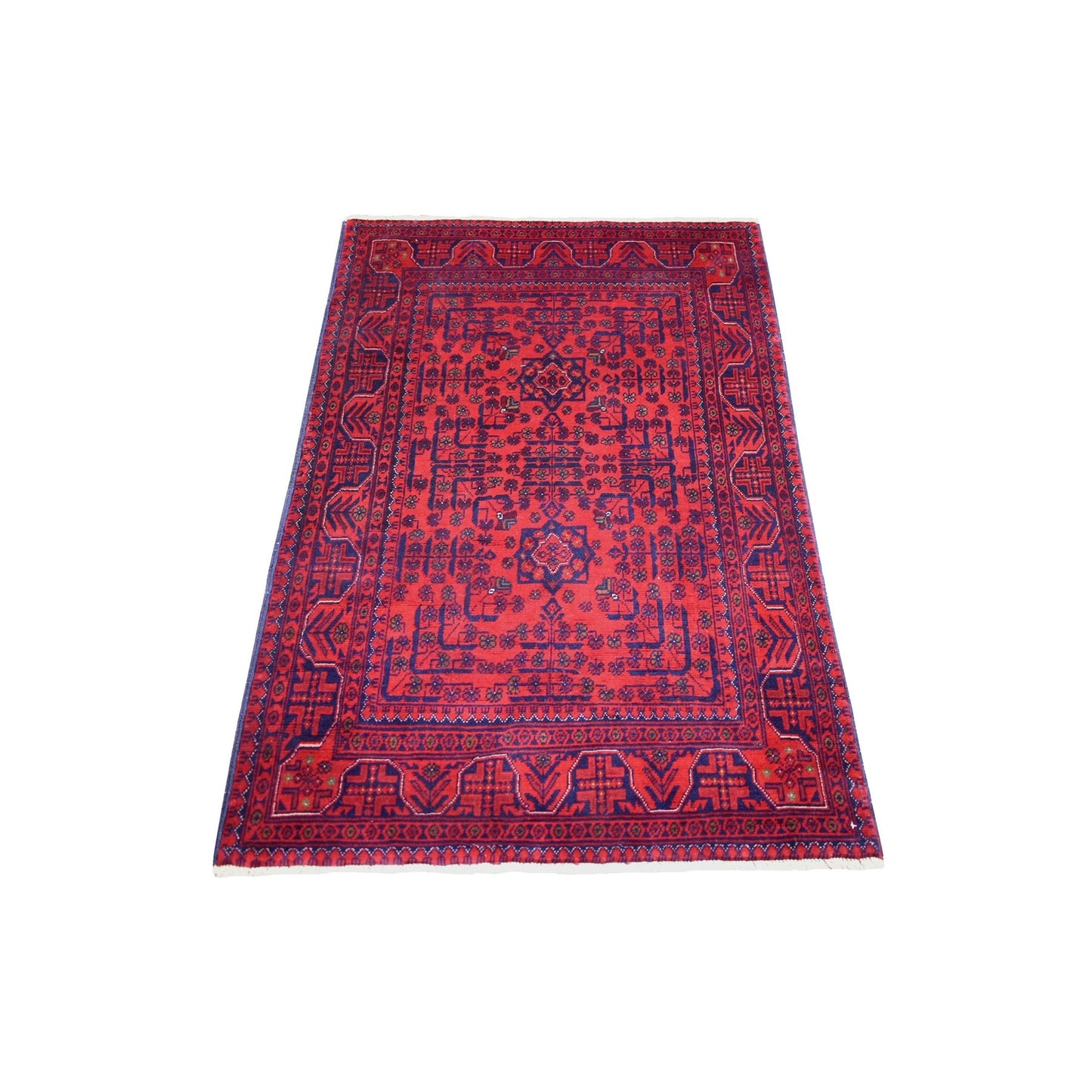 3'2"X4'8" Deep Red Velvety Wool Hand Knotted Afghan Khamyab Rug