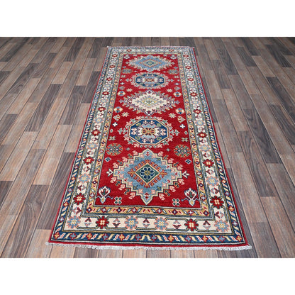 2'9"X6'8" Red Kazak With Medallions Design Hand Knotted All Wool Runner Rug