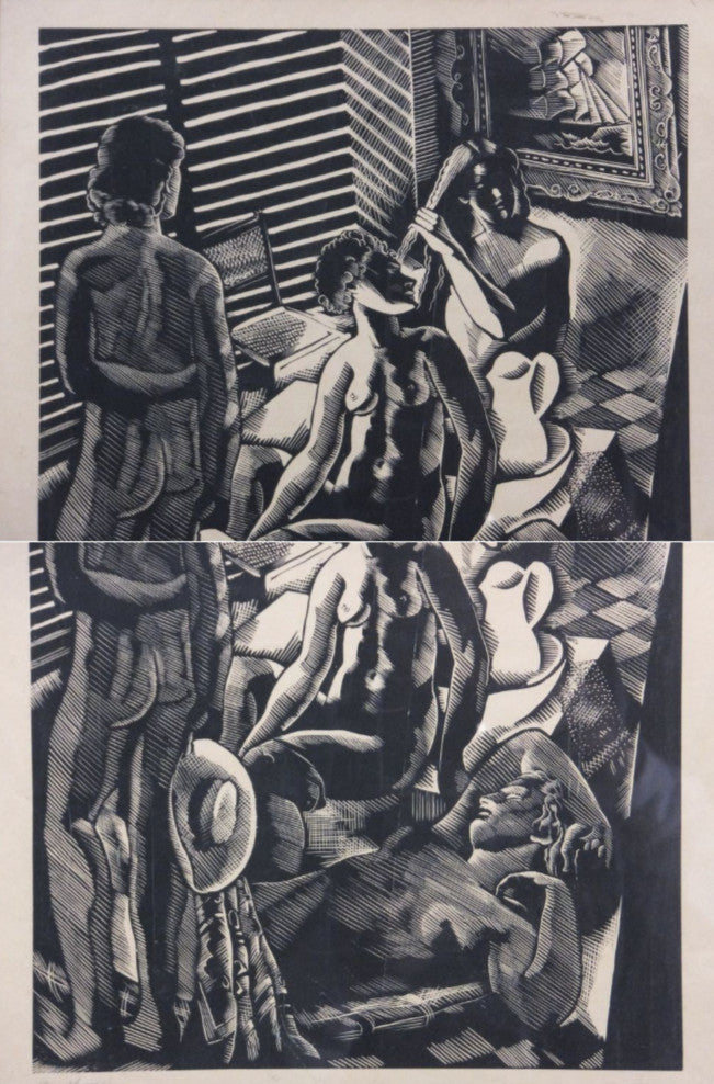 Clment Serveau Signed Large Woodcut "Interior With Figures" French Art Deco