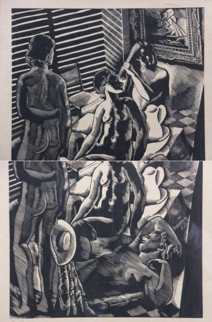 Clment Serveau Signed Large Woodcut "Interior With Figures" French Art Deco