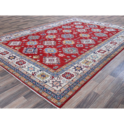 8'X11'3" Chili Red Kazak With Geometric Pattern Hand Knotted Soft Wool Rug
