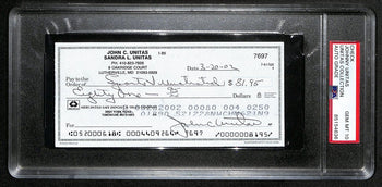 Johnny Unitas Signed 3/20/02 Check Psa/Dna Gem Mt