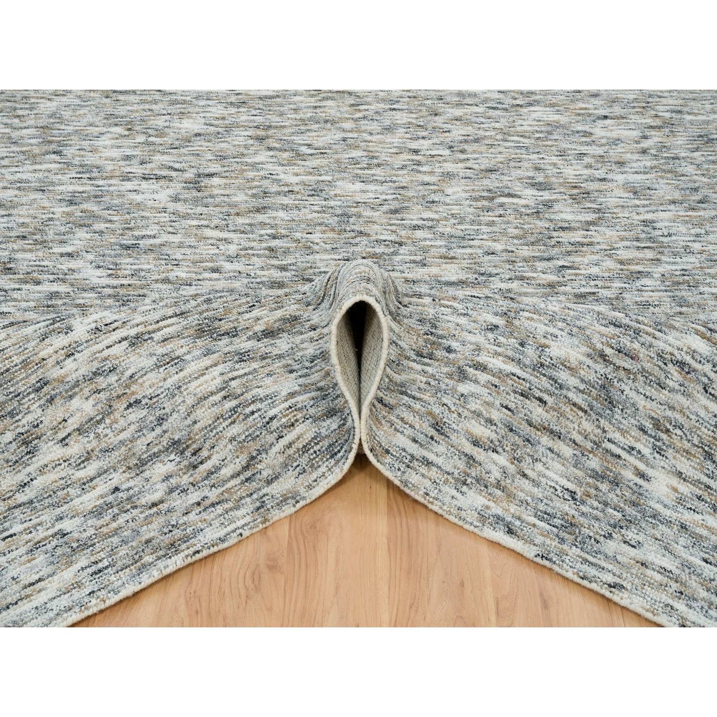 12'2"X15' Beige Modern Striae Design Pure Wool Hand Loomed Oversized Rug