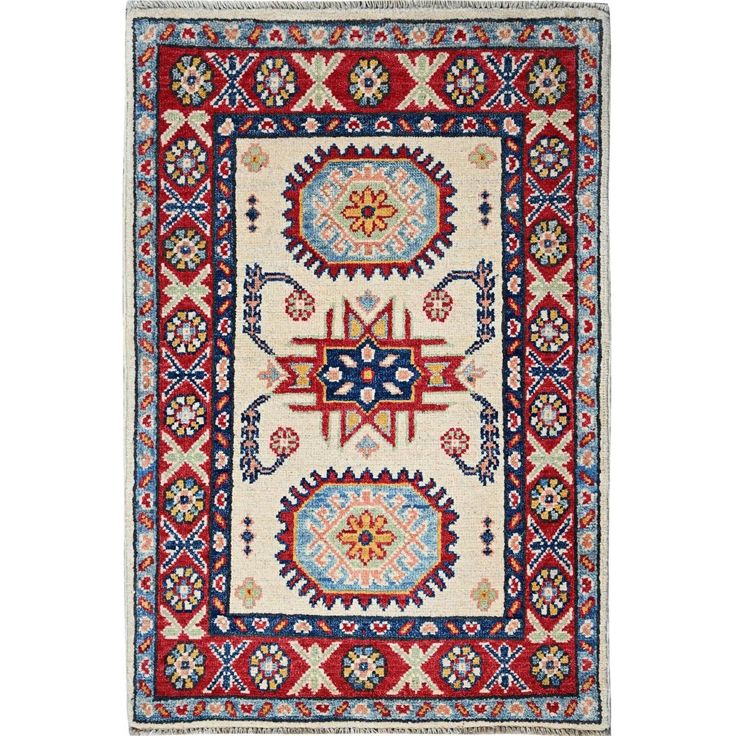 2'X3'1" White Kazak With Geometric Design Soft Wool Hand Knotted Sample Rug