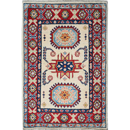 2'X3'1" White Kazak With Geometric Design Soft Wool Hand Knotted Sample Rug