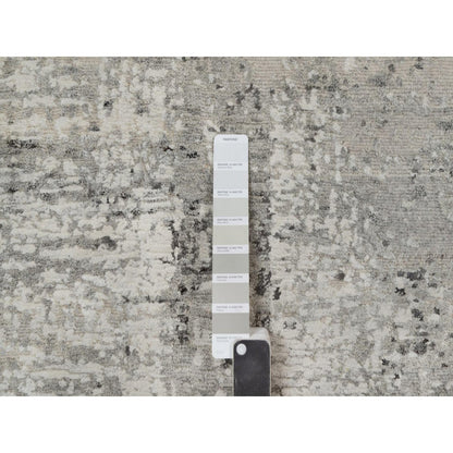 2'7"X8' Gray Modern Runner Rug Erased Design Hand Knotted Natural Wool