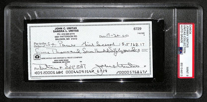 Johnny Unitas Signed 11/20/00 Check Psa/Dna Mint 9 188676