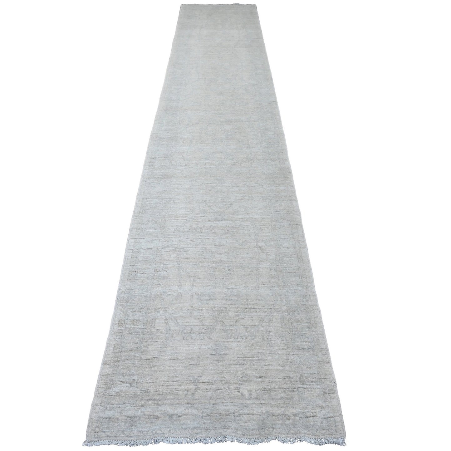 2'8"X15' White Hand Knotted Stone Washed Peshawar Pure Wool Runner Rug