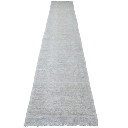 2'8"X15' White Hand Knotted Stone Washed Peshawar Pure Wool Runner Rug