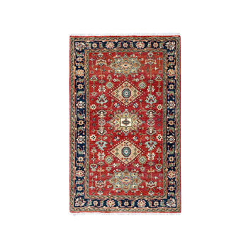 Rug 3'x5' Red Karjihooz Design Geometric Medallions Hand Knotted Wool