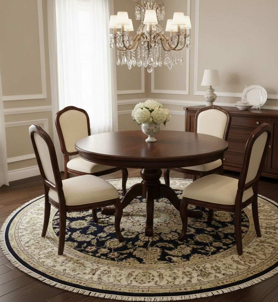 7X7 ft Round Indo-Nain Oriental Rug Handmade Dark Navy Floral Classic Carpet