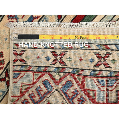 2'10"X13' Ivory Kazak With Geometric Pattern Hand Knotted Wool Runner Rug