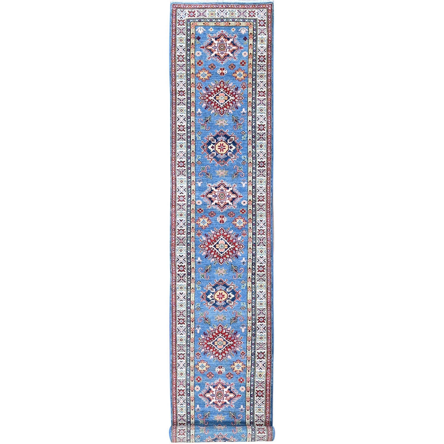 2'10"X16' Blue Kazak With Medallions Design Wool Hand Knotted Runner Rug