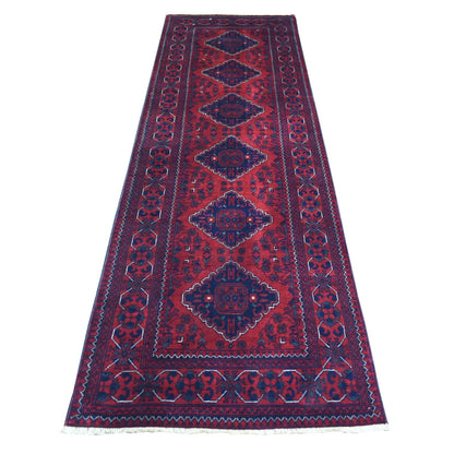 3'X9'6" Deep Red Shiny Wool Hand Knotted Afghan Khamyab Runner Rug