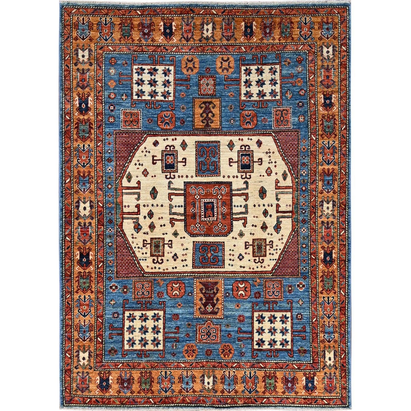 5'2"X7' Blue Antique Karachopf Kazak Design Soft Wool Hand Knotted Rug