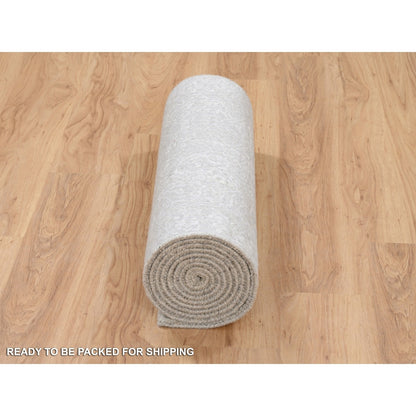 2'7"X12' Beige Wool And Silk Hand Loomed Fine Jacquard Round Rug