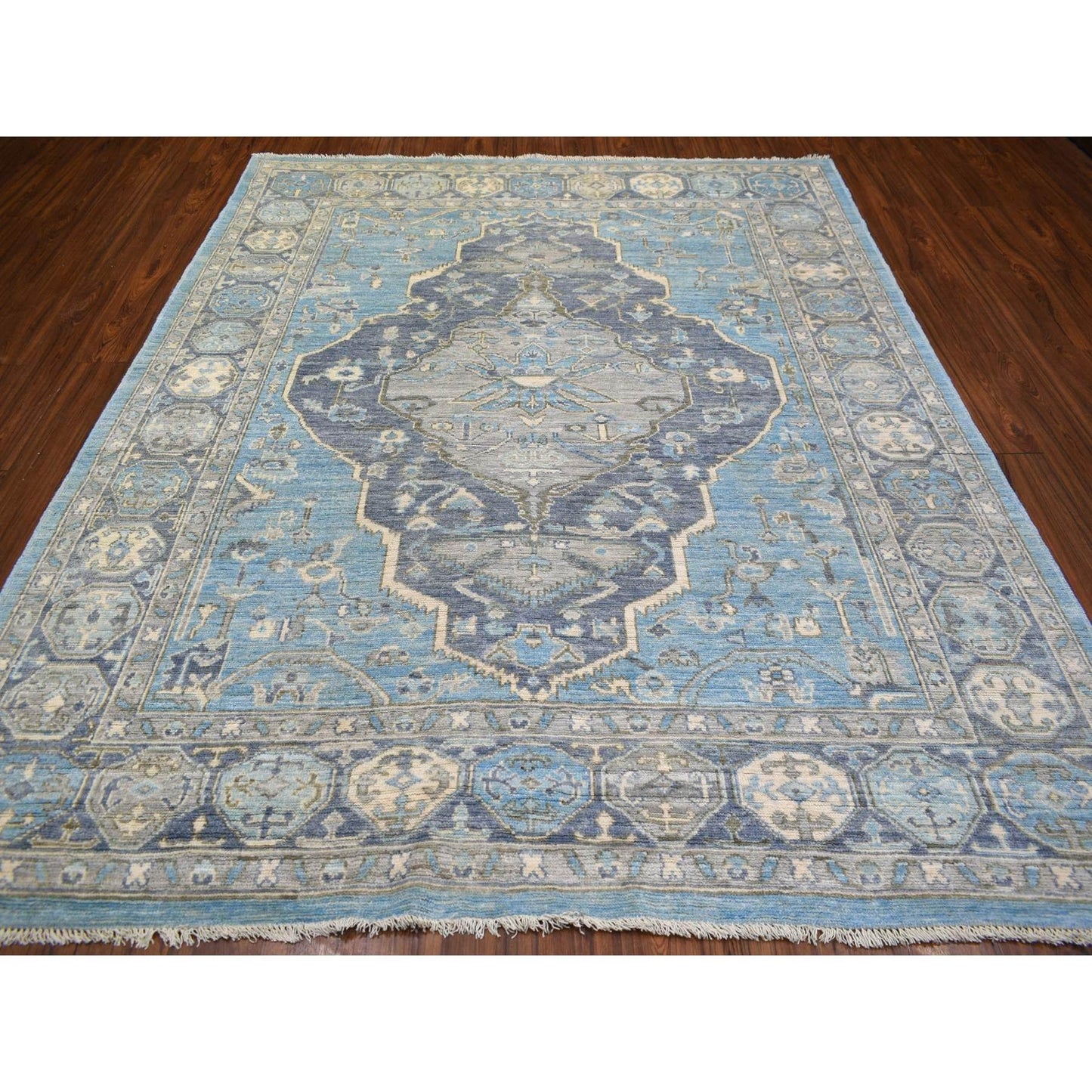 8'X9'6" Blue Hand Knotted Anatolian Village Inspired Wool Rug