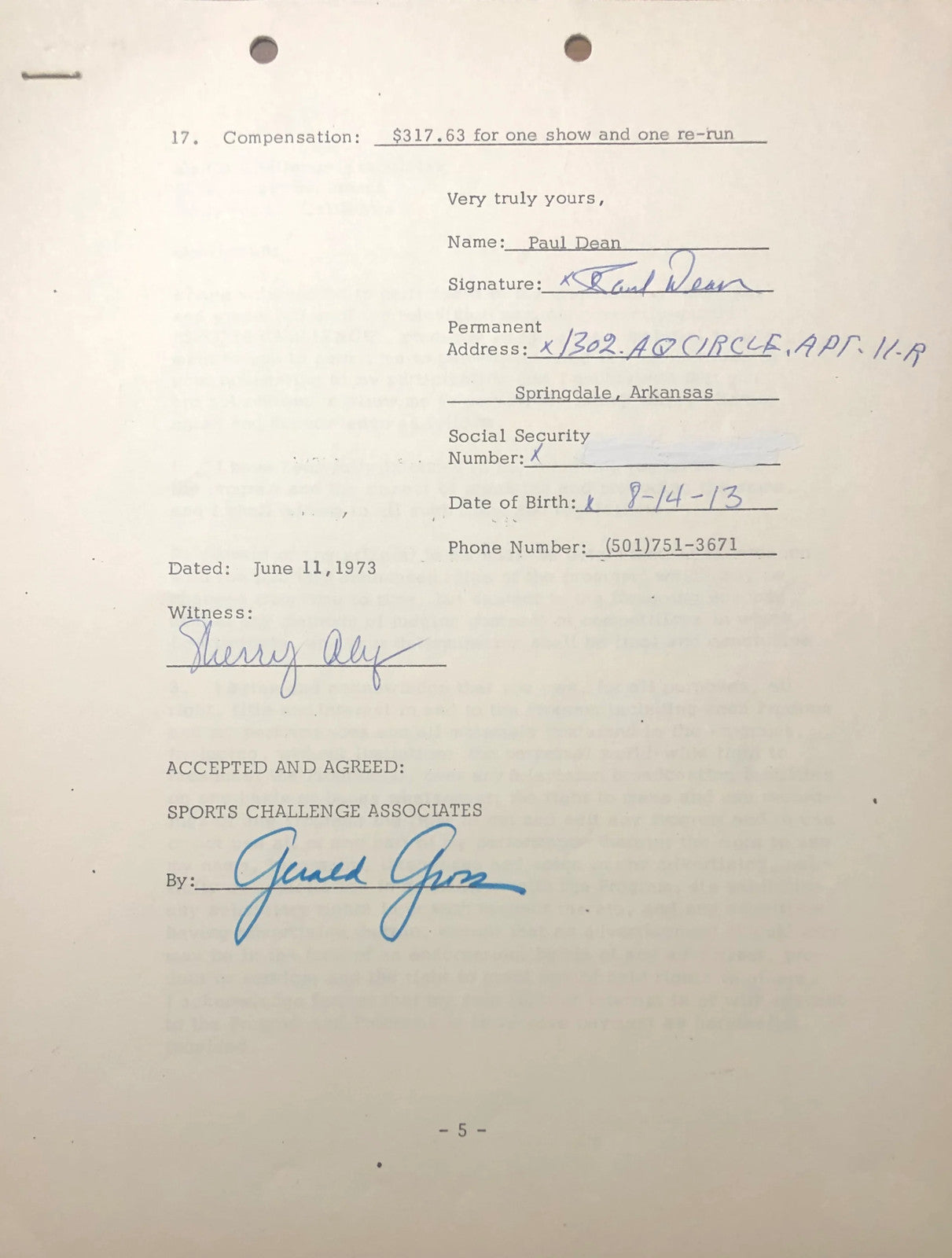 Paul Dean Autographed Contract (Jsa)