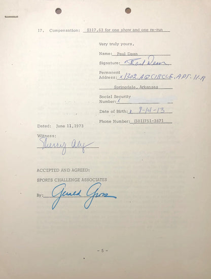 Paul Dean Autographed Contract (Jsa)