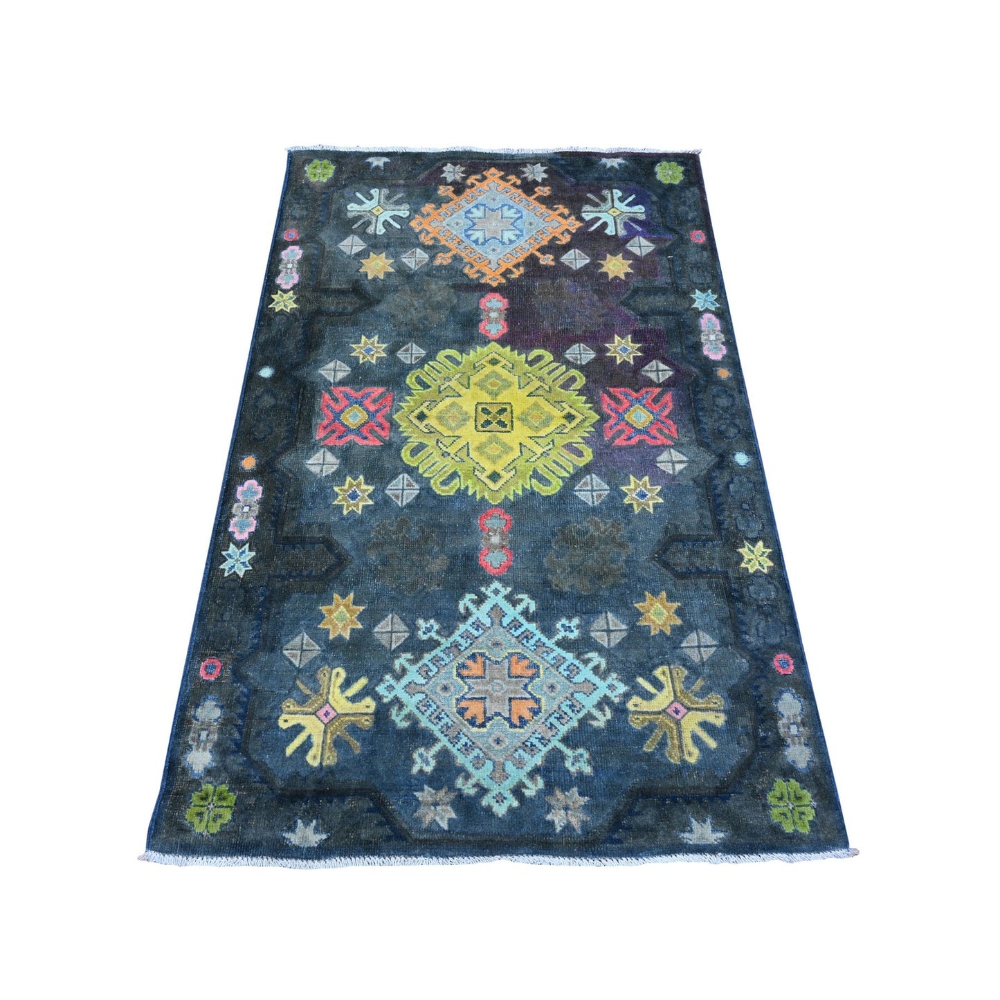 3'2"X5' Space Black Fusion Kazak Caucasian Elements Design Oriental Rug