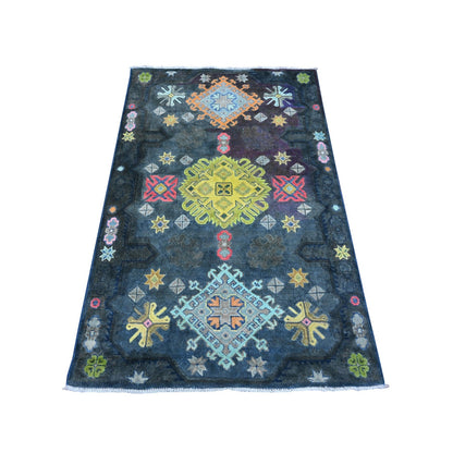 3'2"X5' Space Black Fusion Kazak Caucasian Elements Design Oriental Rug