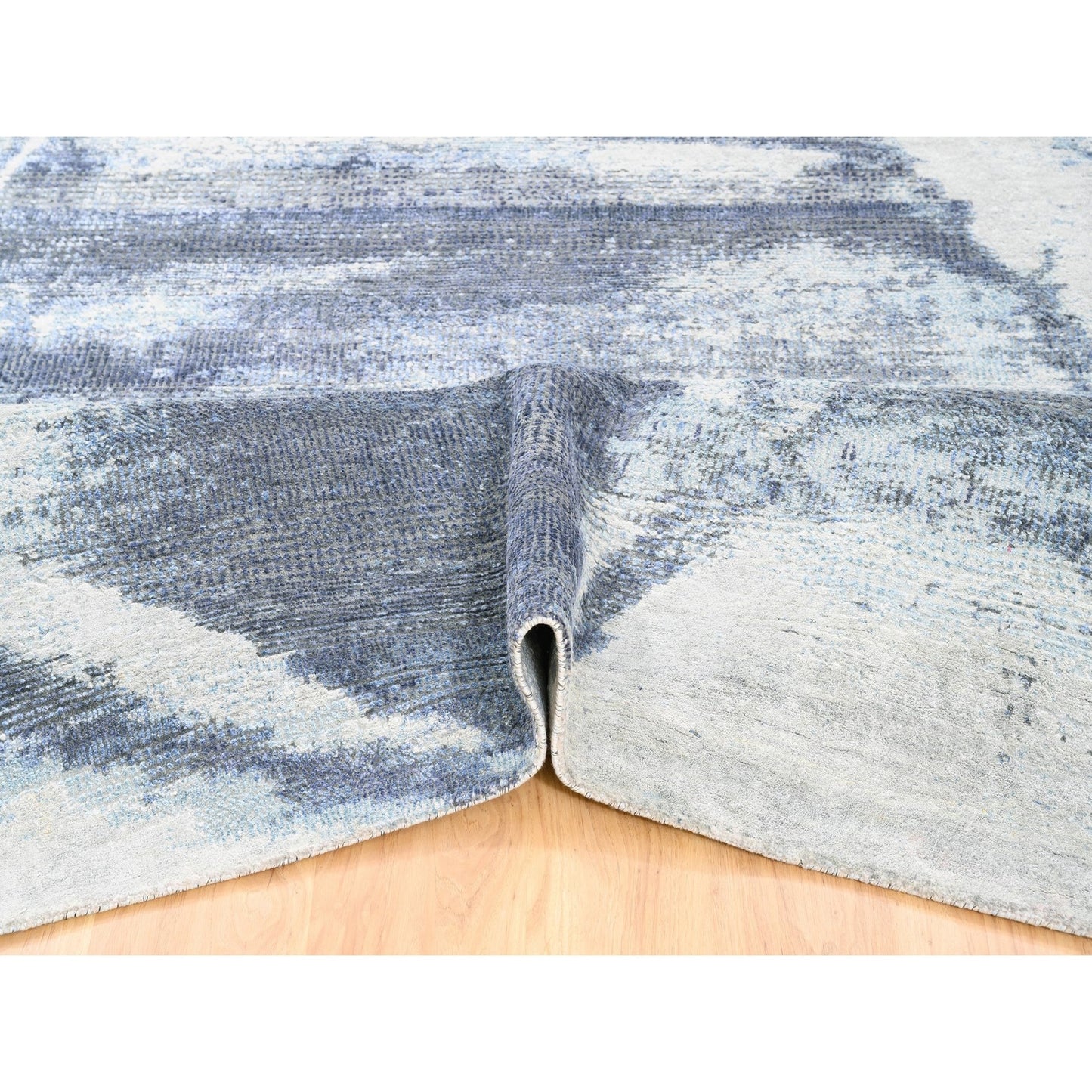7'10"X10' Hand Knotted Black With A Mix Of Blue Modern Wool And Silk Rug