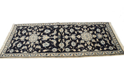 Handmade Wool Nain Runner Rug Classic Navy Floral