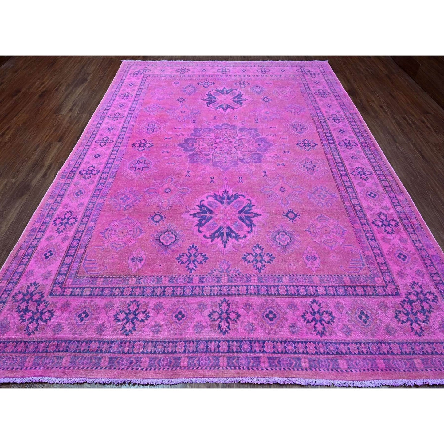 8'6"X11'4" Pink Overdyed Kazak Medallion Design Hand Knotted All Wool Rug