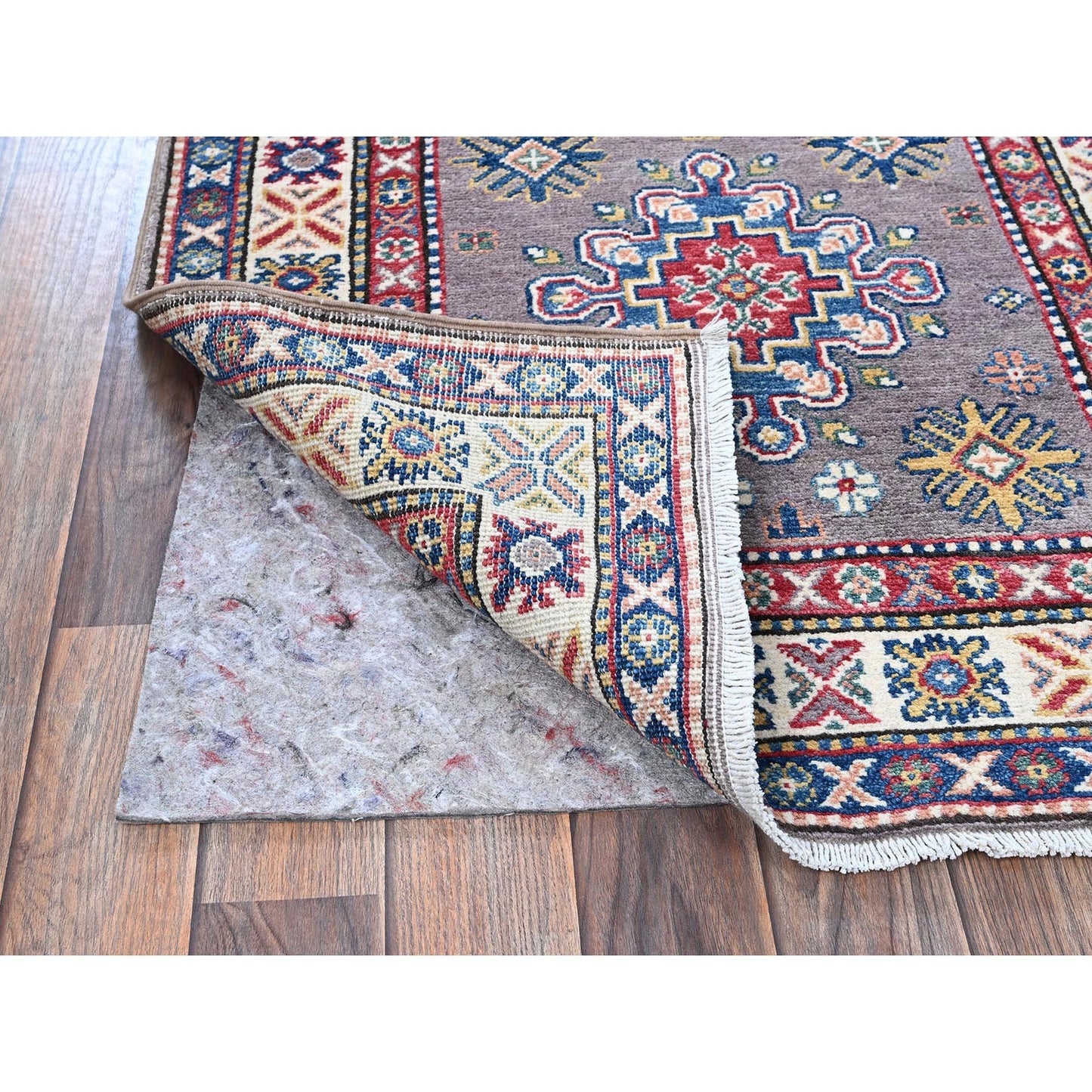 2'9"X12'6" Dove Gray Kazak With Tribal Design Hand Knotted Wool Runner Rug