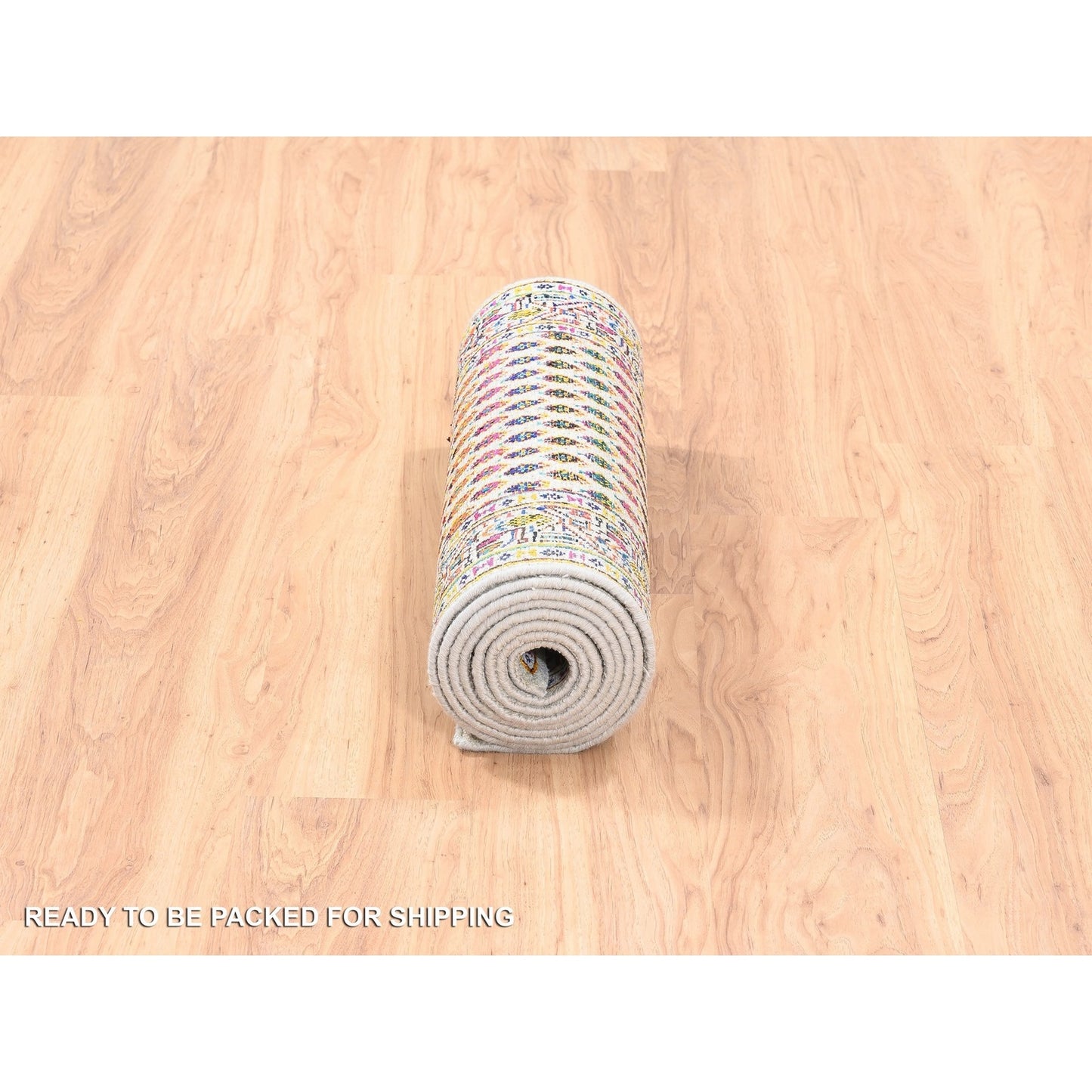 2'4"X10'2" Colorful Wool And Sari Silk Saroogh Hand Knotted Rug