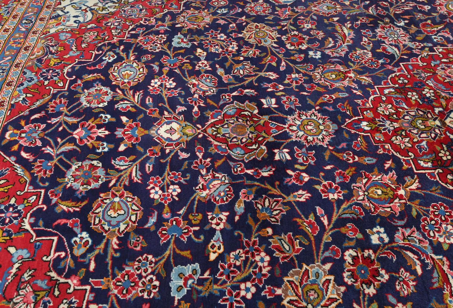 Hand knotted oriental rug navy purple floral traditional vintage carpet