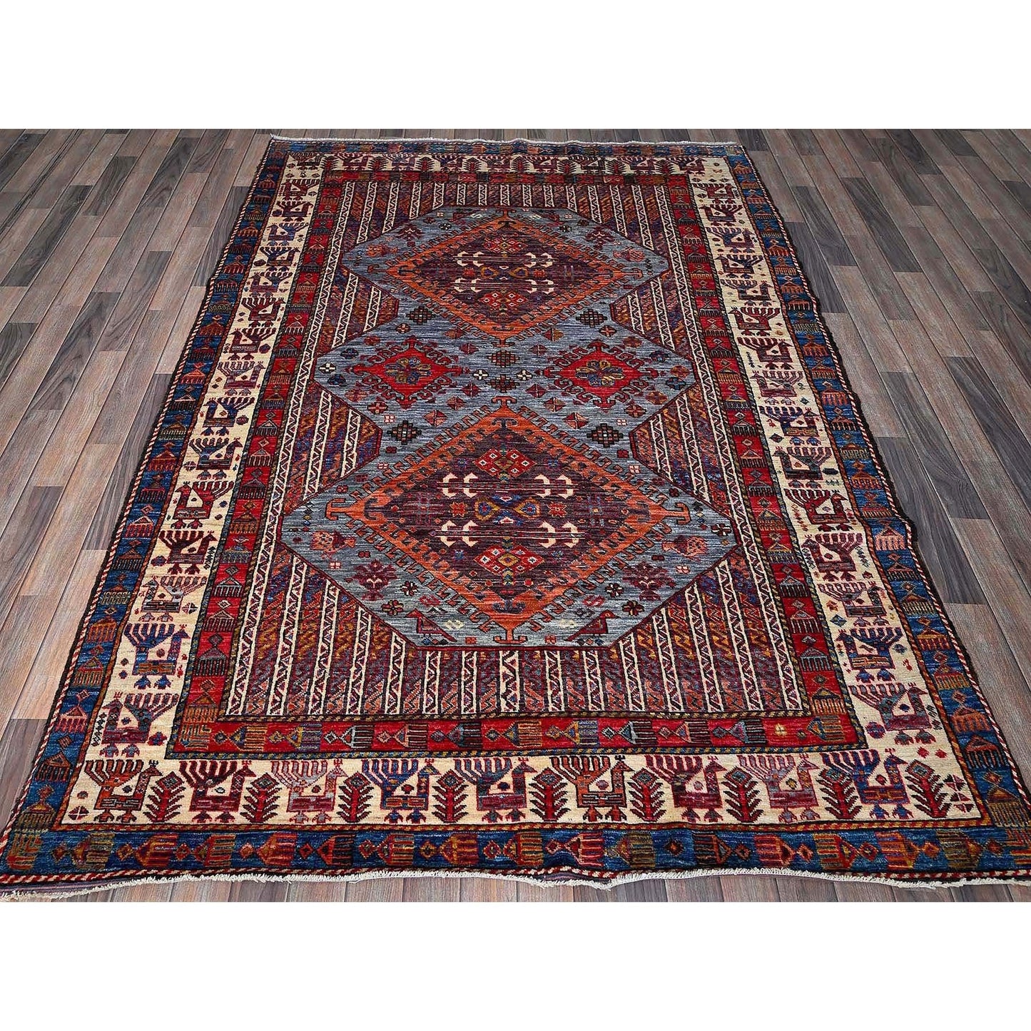 6'1"X8'4" Dusk Purple Ersari Caucasian Design Revival Hand Knotted Wool Rug