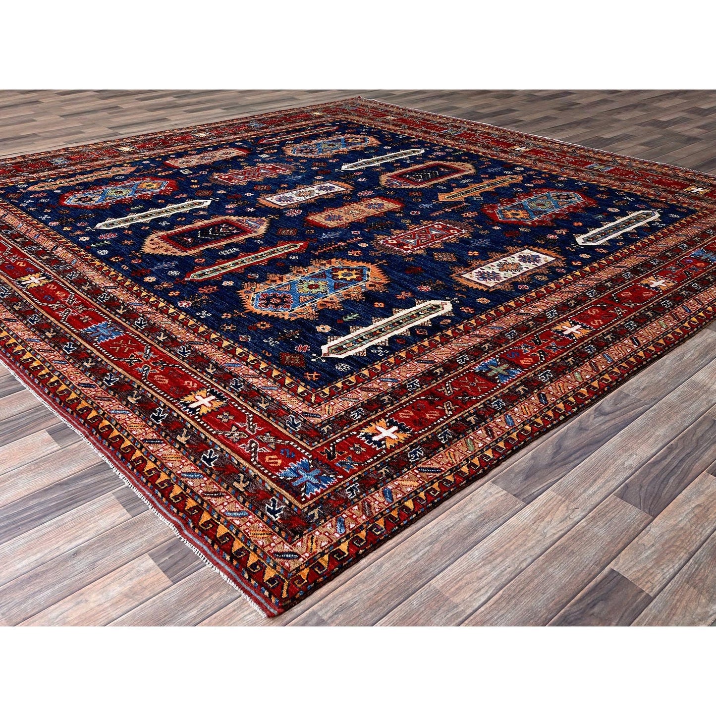 Rug 10'2"x10'2" Yale Blue Caucasian Design Revival Hand Knotted Wool Square