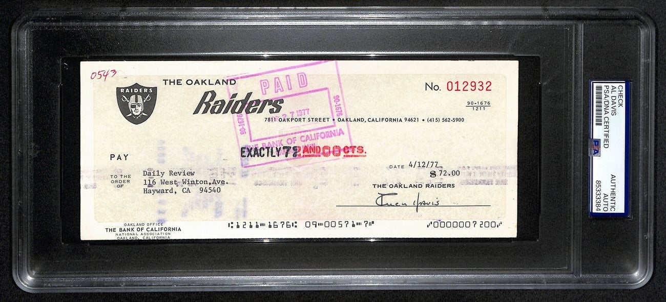 Al Davis Hof Signed/Autographed 8.5X3.5 Bank Check Raiders Psa/Dna 193220
