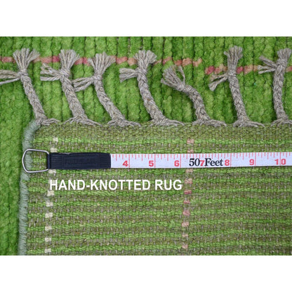 2'5"X9' Green Geometric Moroccan Weave Soft Wool Hand Knotted Runner Rug