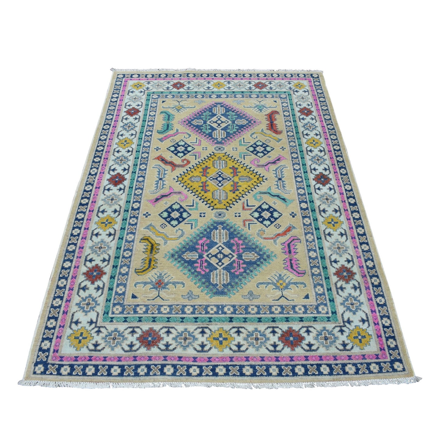 4'1"X6'1" Colorful Beige Fusion Kazak Pure Wool Handknotted Oriental Rug