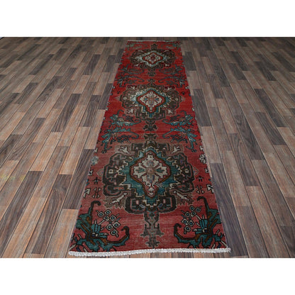 2'5"X9'6" Red Vintage Zoroastrian Tebraz Hand Knotted Pure Wool Runner Rug