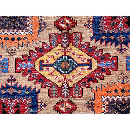 8'3"X9'9" Beige Afghan Caucasian Design Revival Hand Knotted Soft Wool Rug