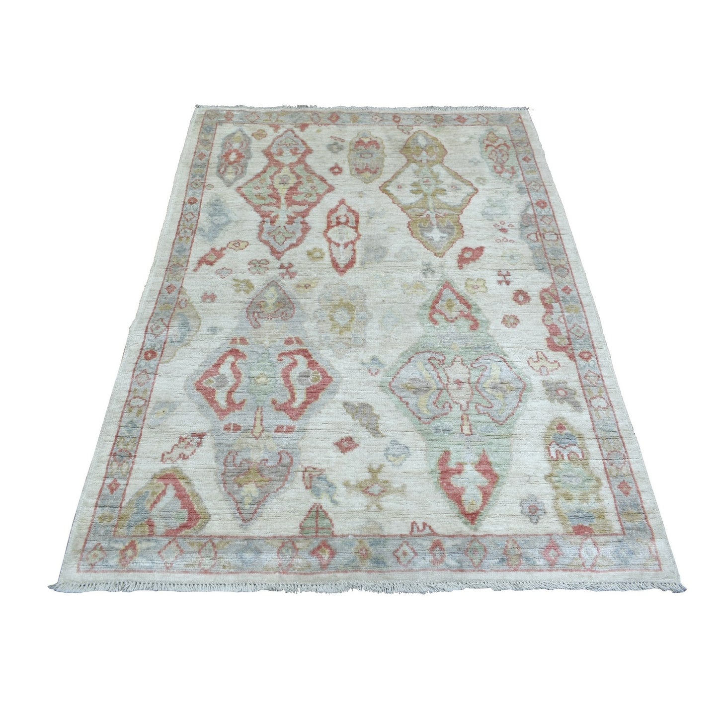 4'2"X5'7" Ivory Hand Knotted Angora Oushak All Over Motifs Wool Rug