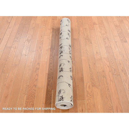 4'7"X6'4" Beige, Scroll And Branch Design, Hand Knotted Pure Wool Rug