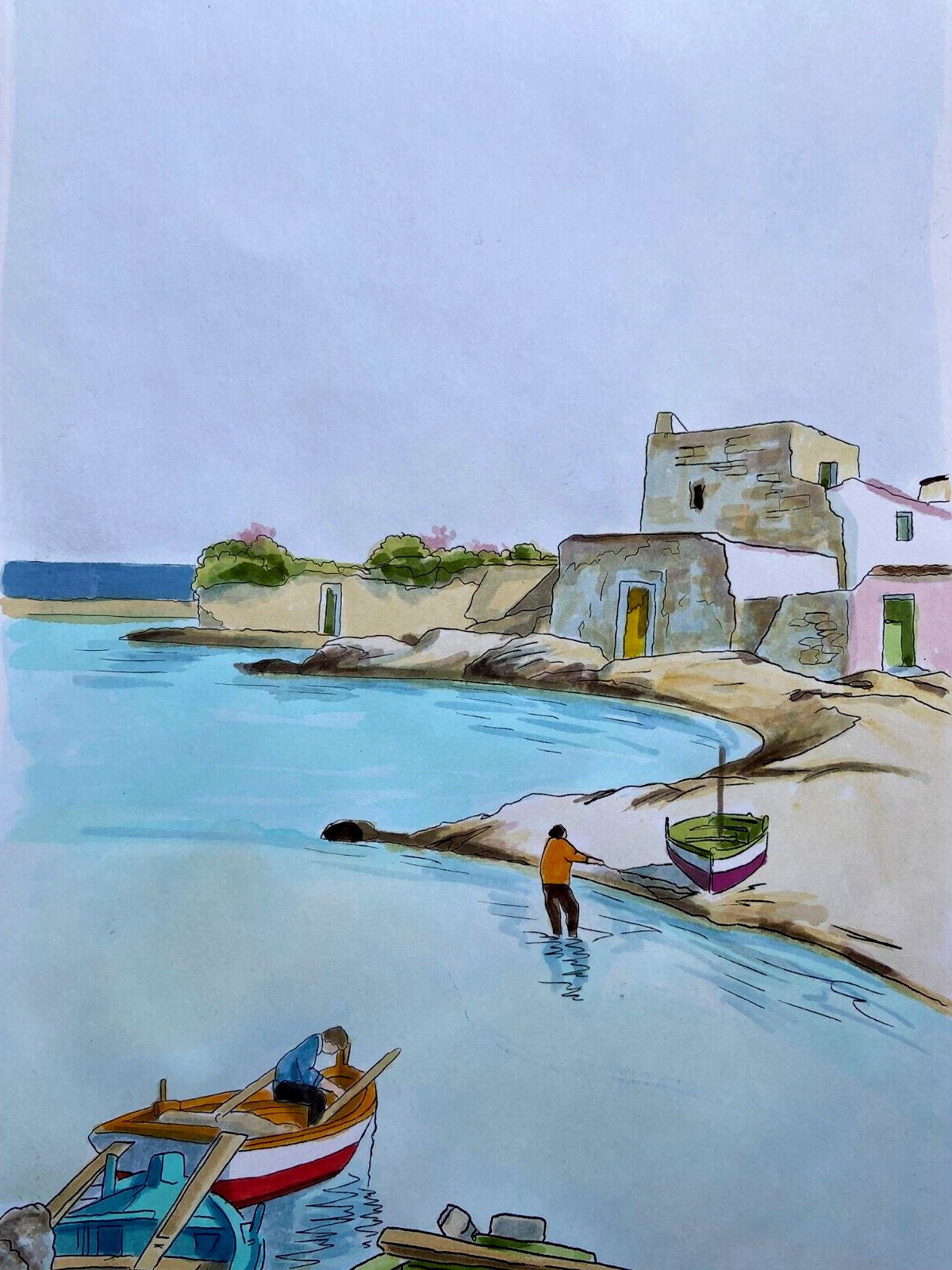 Aldo Riso ''Porticciolo'' Hand Painted 35X100 Authenticated Stamped