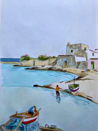 Aldo Riso ''Porticciolo'' Hand Painted 35X100 Authenticated Stamped