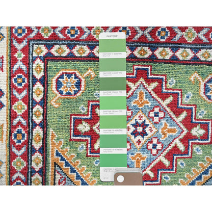 3'4"X5' Swamp Green Kazak With Geometric Design Hand Knotted Pure Wool Rug